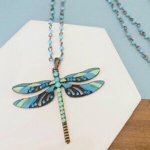 Vintage Enamel Beaded Dragonfly Pendant Long Necklace